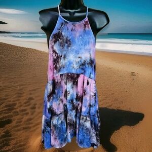 entro Ladies Small Tank Top Purple Tie Dye Spaghetti Strap Baby Doll Style EUC